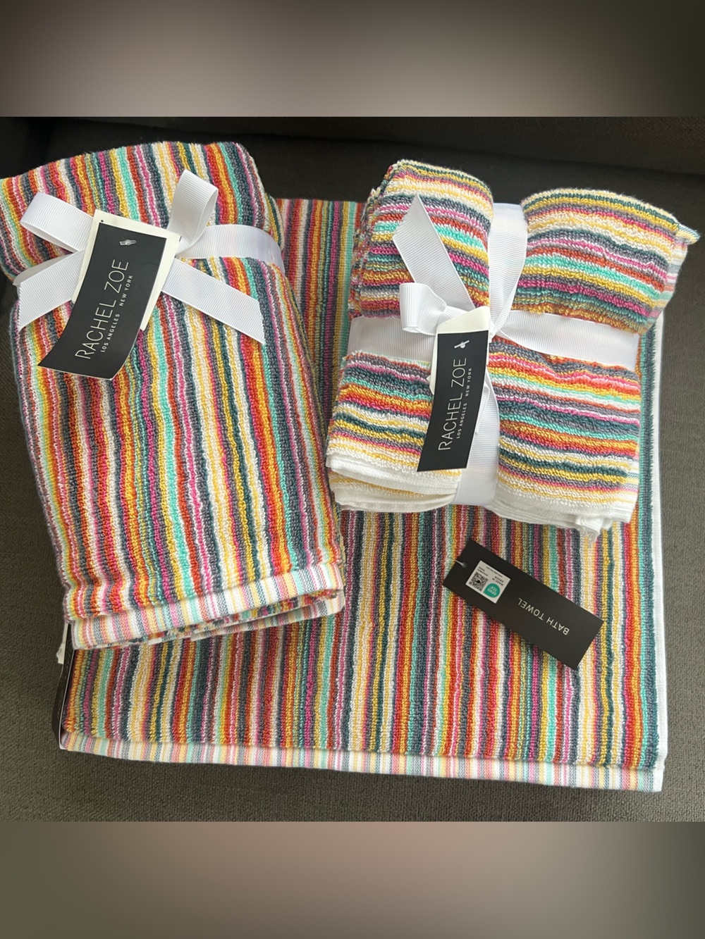 9pc Rachel Zoe Rainbow Bath towel Set Stripe Cotton Hand Towels last